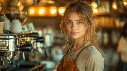 A young female barista with wavy hair smiles warmly in a rustic café, illuminated by soft golden lights