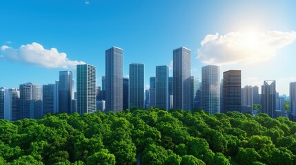 Fototapeta premium Modern Urban Planning Concept Showcasing Green Spaces and Skyscrapers Under Blue Sky