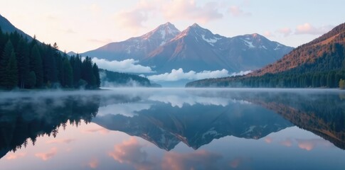 Foggy morning on a still mountain reflection lake, serene, mountain, idaho wilderness