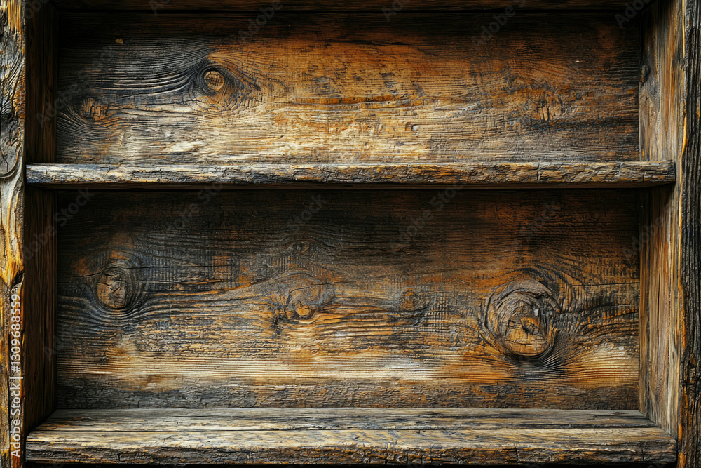 Poster Rustic wooden shelf with two empty compartments, showing rich grain and texture.