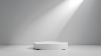 A sleek white podium under a soft spotlight, minimalist product display, clean studio background