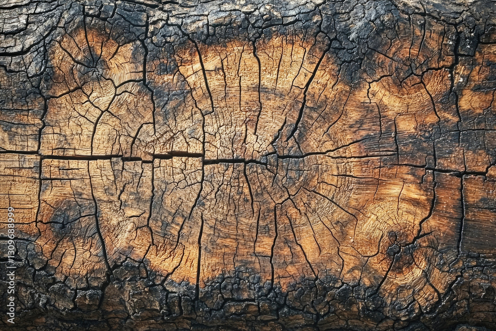 Poster Close-up of a weathered, cracked, and charred wood surface, showing intricate texture and patterns.