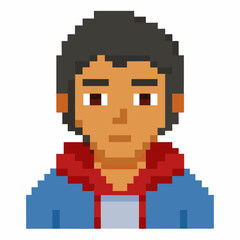 Pixel Art Portrait of a Young Man with Red Hoodie and Dark Hair