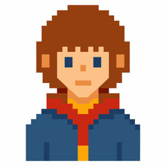 Retro Pixel Art Character with Brown Hair and Blue Jacket on White Background