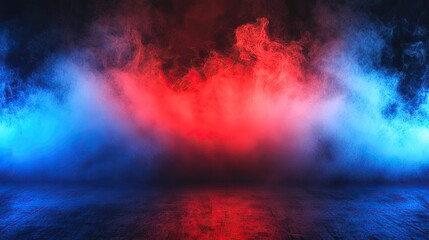 Red blue smoke studio background, dark floor, atmospheric scene, music event backdrop