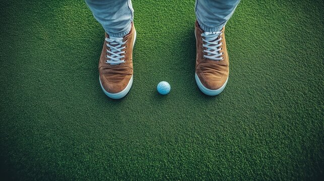 An aerial view of a golfer preparing to putt on a green.