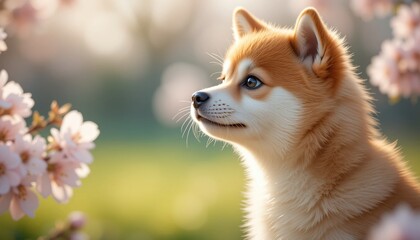 柴犬と桜/日本のお花見