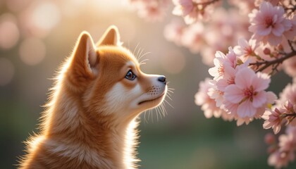 柴犬と桜/日本のお花見
