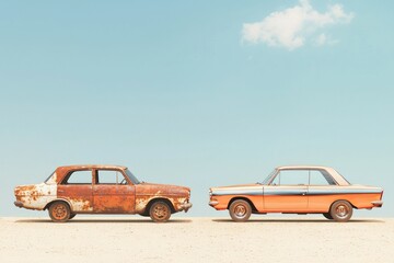 Obraz premium Before and After concept showing old rusty car transforming into new shiny car