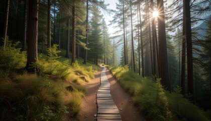 Fototapeta premium Wooden boardwalk through a lush green forest with sunlight filtering through the trees