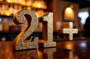 illuminated 21+ sign on bar counter with blurred bottles in background. concept of legal drinking age. nightlife, bar decor, alcohol. party invitation with restriction