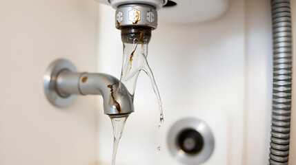 Damaged leaking water tap hose in the bathroom of house, flat or other place. Plumbing concept.