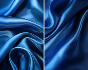 Obraz premium Blue satin cloth with a smooth, glossy texture draped in two different designs. upscale textiles. Create designs for textiles, prints, posters, and fashion.