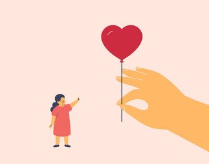 adult hand gives to girl heart shape balloon. Love and care about children. mother supports about daughter, help and protect. vector illustration