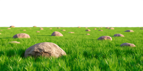 Green Meadow Fields with Rocks on White, Beautiful Outdoor Scene for Landscape Lovers, PNG Transparent