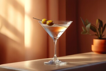 Sunlit glass filled with a perfectly chilled cocktail, garnished with olives. The warm, inviting setting and gentle light reflections evoke relaxation, elegance, and refined taste.