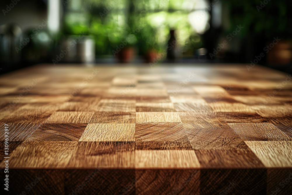 Poster close-up of a meticulously crafted wooden surface, showcasing its rich texture and checkered pattern