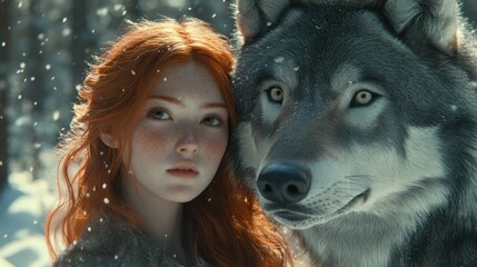 A young Japanese girl with red hair and a youthful face, standing next to a wolf in a snowy forest. background wallpaper AI generated image