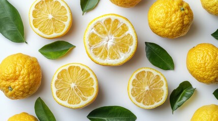 Bright citrus slicing lemons yuzu flat display white background 