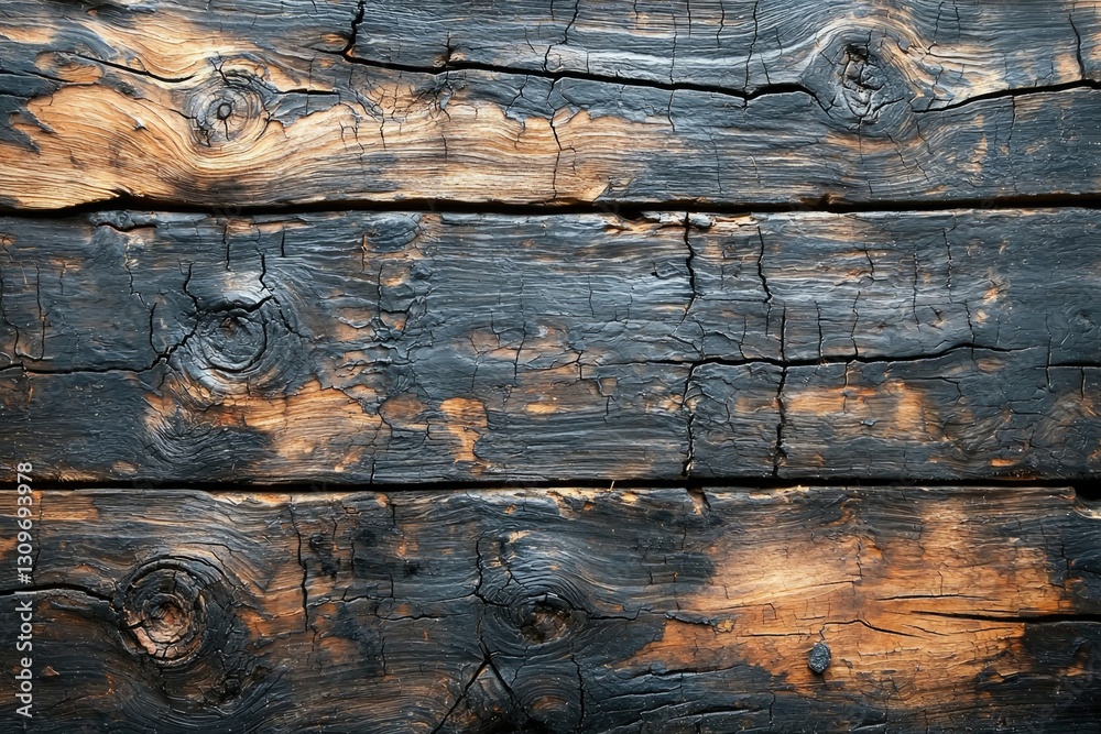 Poster dark, charred wood planks with visible cracks and knots, showing texture and rustic charm.