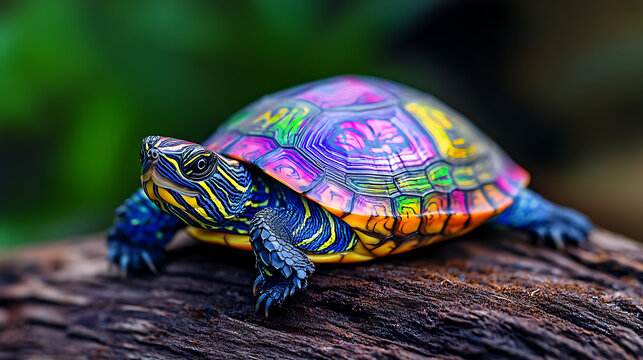 Vibrant colorful turtle with unique shell patterns on wooden surface for nature and wildlife concepts