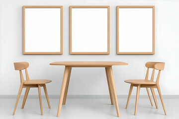 Modern Minimalist 3D Illustration: Wooden Table and Chairs with Blank Frames