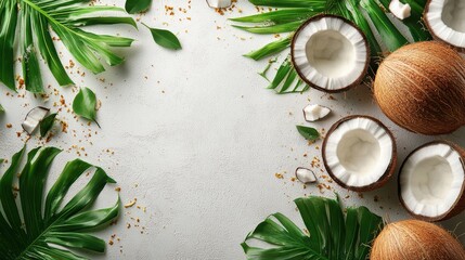 Overhead view coconut harvest flat display white background 