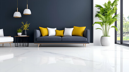 Modern Living Room Interior with Gray Sofa and Yellow Pillows on Luxurious Marble Floor