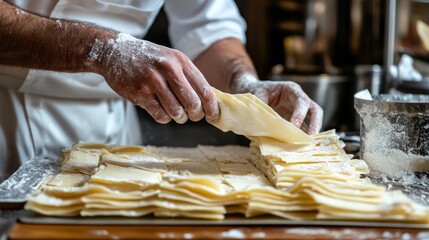 Pastry chef diligently preparing laminated dough sheets with flour coating