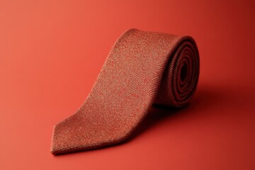A rolled up terracotta colored necktie on a reddish background