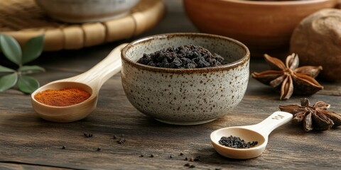Natural shilajit resin displayed in ceramic bowl on wooden table