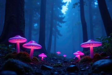 Fototapeta premium Dark, misty forest with glowing purple-blue fungi, misty, mystical, soft light