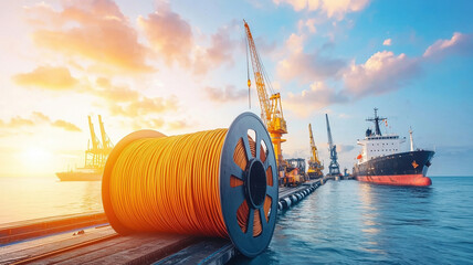 massive spool of submarine cable at port during sunset, with cranes and ship in background, showcasing industrial activity and maritime logistics