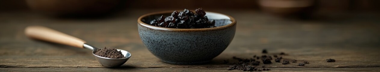Shilajit resin in a bowl with spoon on wooden table