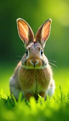 Fototapeta premium Alert bunny rabbit in lush green grass, ears perked , summer, easter bunny