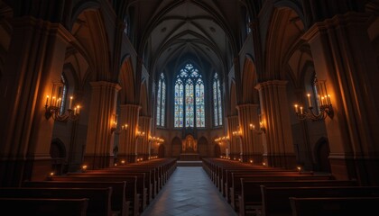 Fototapeta premium Majestic cathedral interior with towering columns stained glass windows and warm candlelight