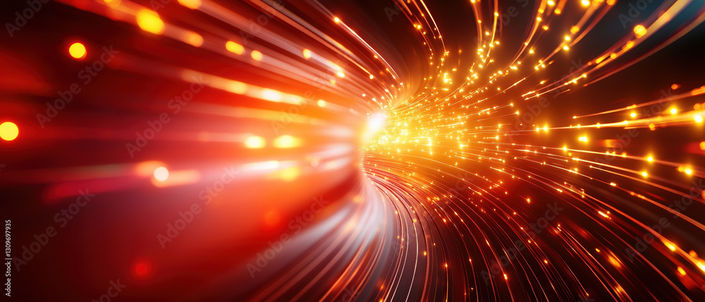 Poster abstract tunnel of glowing lines in red and gold, creating dynamic and vibrant visual effect. radian