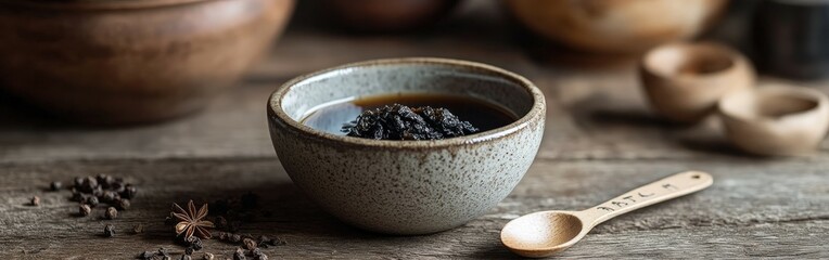 Shilajit resin in a ceramic bowl on a rustic wooden table