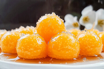 Traditional Brazilian bala baiana dessert preparation with coconut balls coated in sugar.