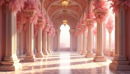 Obraz premium Palace interior with columns decorated with pink fluffy flowers. Castle hall with arches, marble floor, chandeliers. Luxury ballroom backdrop. Fairytale castle for wedding, magic event royal