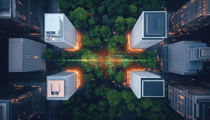 Aerial view of smart city with green spaces, modern buildings, and digital elements. vibrant cityscape showcases urban planning and sustainability