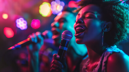 This Friends have a fun karaoke night, singing passionately under colorful lights.