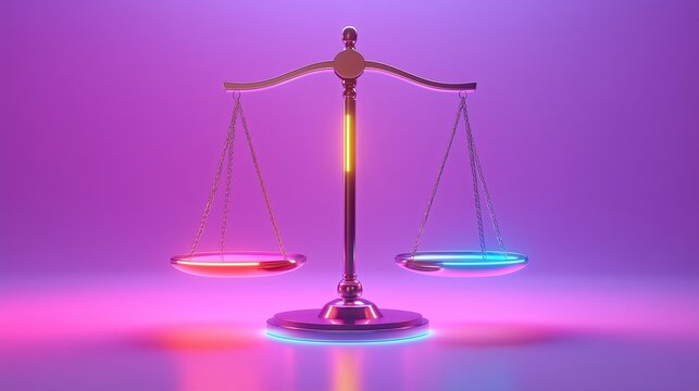 Futuristic neon balance scale symbolizing justice, fairness, and equality on purple gradient background