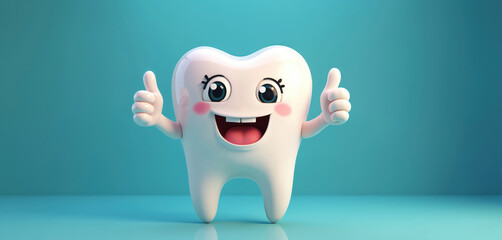 Happy cartoon tooth character gives thumbs up, promoting dental health, hygiene. Smiling mascot with cheerful expression. Oral care, prevention. Blue background, joy, friendly design, graphic