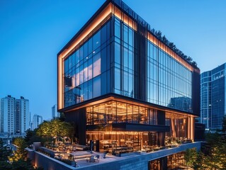 A modern glass building displaying bright lights at twilight hours