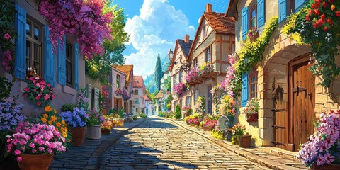 Fototapeta premium A charming cobblestone street in a European town, lined with colorful flowers and spring decorations