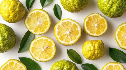 Yuzu flat display white background Aerial lemon harvest freshness