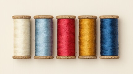 Colorful threads on wooden spools: craft and sewing essentials displayed neatly