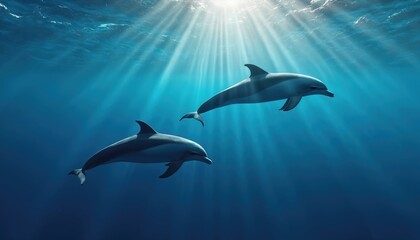 Two dolphins swim in deep blue sea under sunlight. Marine wildlife underwater scene with playful mammals. Graceful dolphins navigate, communicate, move in harmony, explore ocean depth, embody freedom.