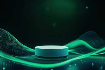 Minimalist white podium on glowing green matrix background, surrounded by flowing digital waves, creating futuristic and dynamic atmosphere